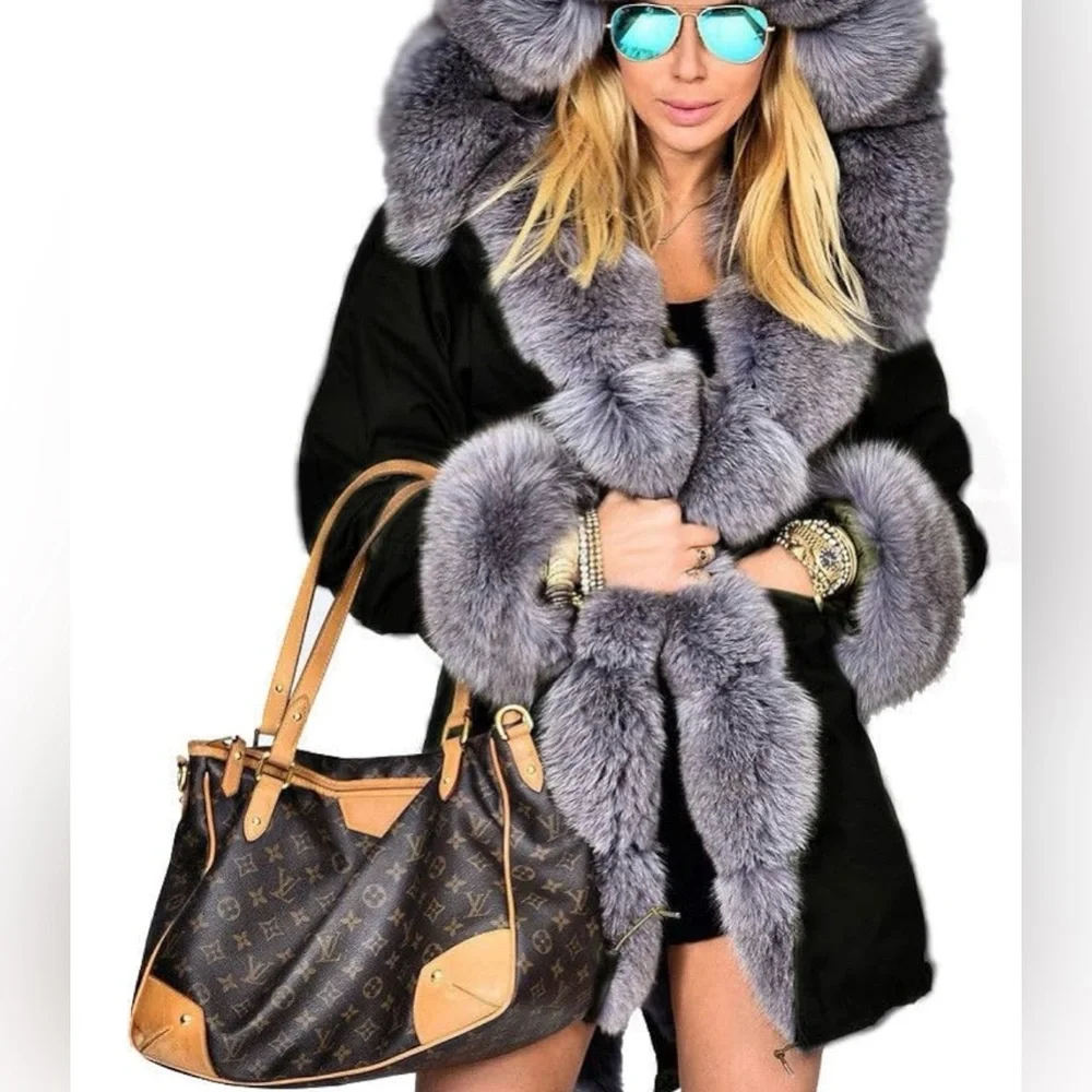 BLACK Hooded Faux Fur Lined Warm Coat NEW ARRIVES NEW